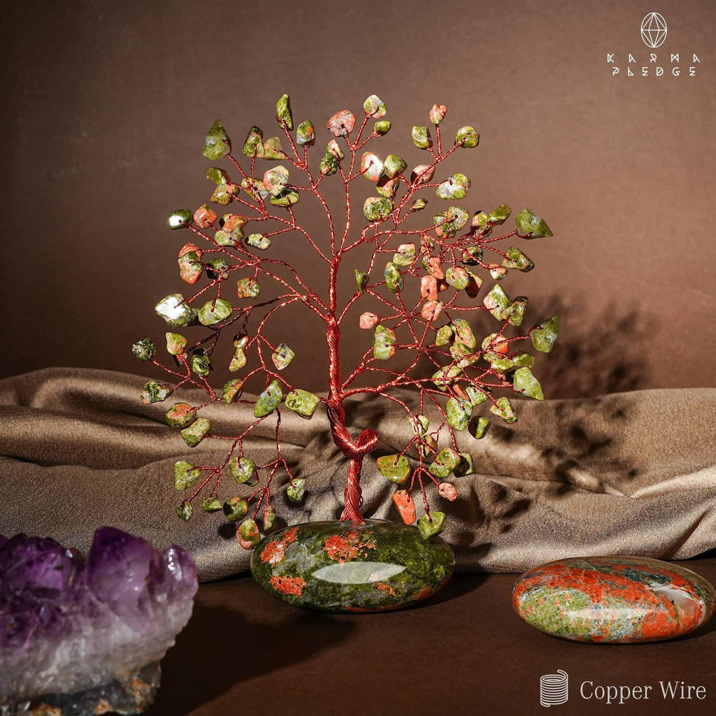 Unakite stone tree ornament with copper wire leaf clusters and green-orange speckled base