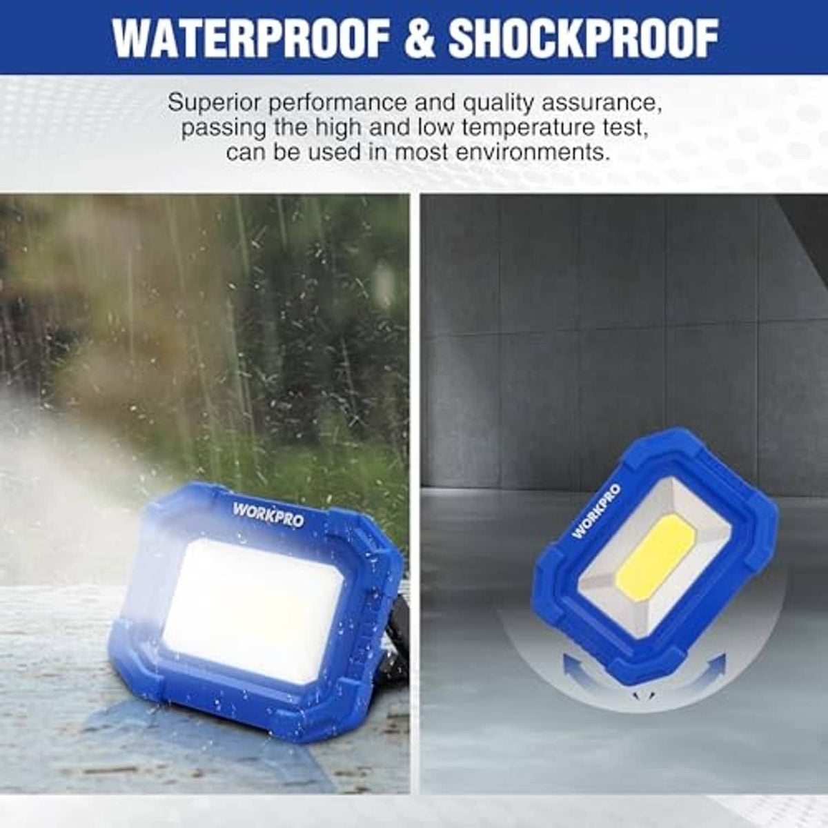 Blue rechargeable LED work light in rugged housing, splash- and shock-resistant