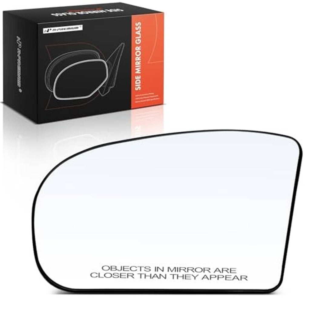 Left driver side heated mirror glass with clear curved lens and black outer trim