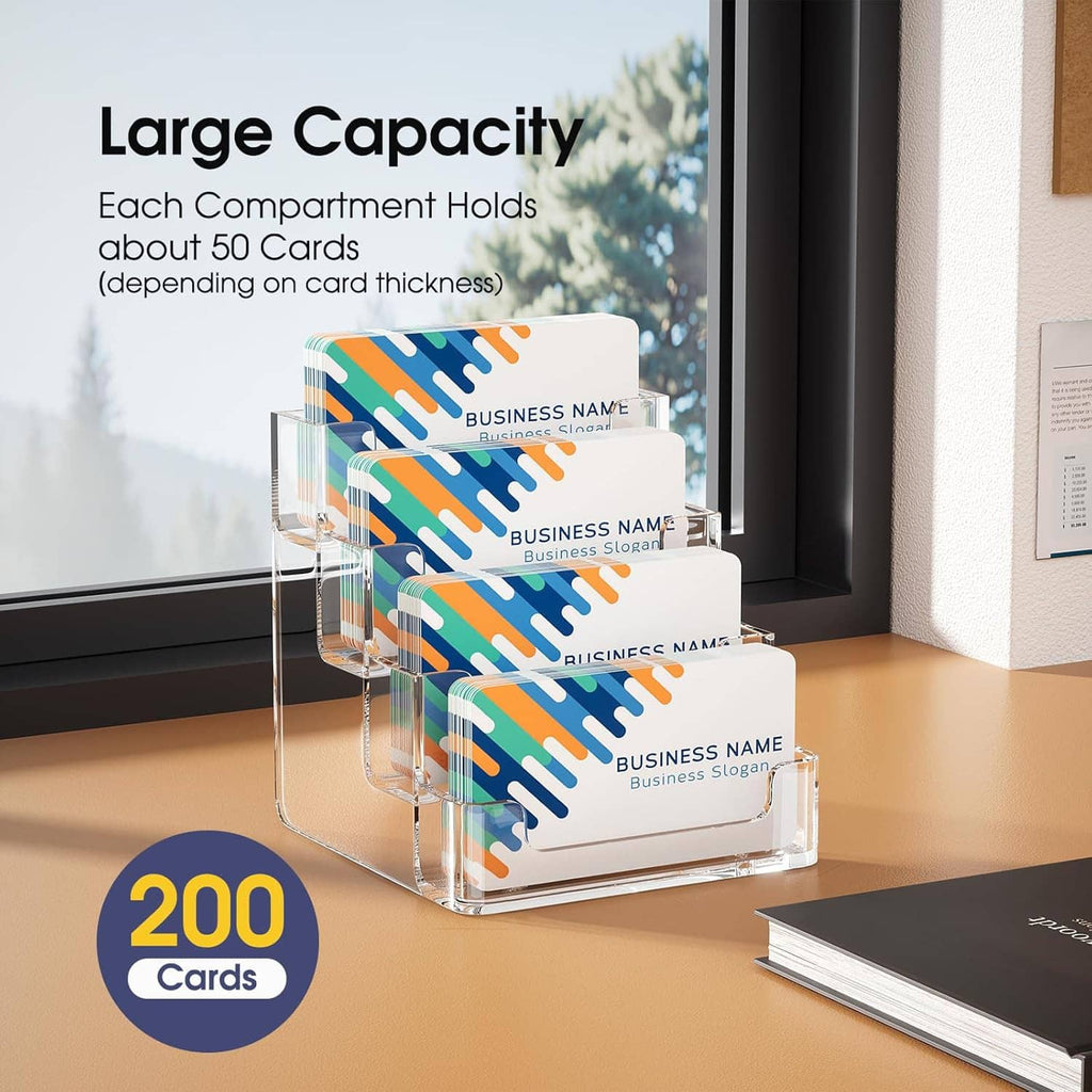 Clear acrylic 4-tier business card stand holding multiple cards