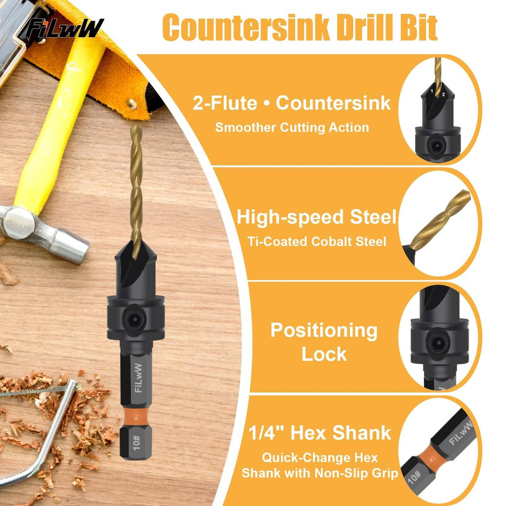Countersink drill bit with gold spiral flute and black holder for 2-flute countersink drilling