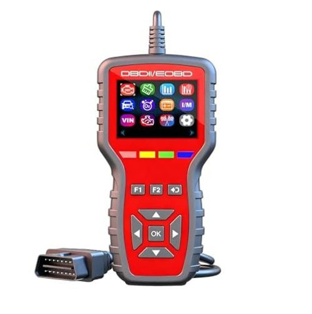 Handheld OBD2 scanner with connected OBD cable and red touchscreen with icon menu