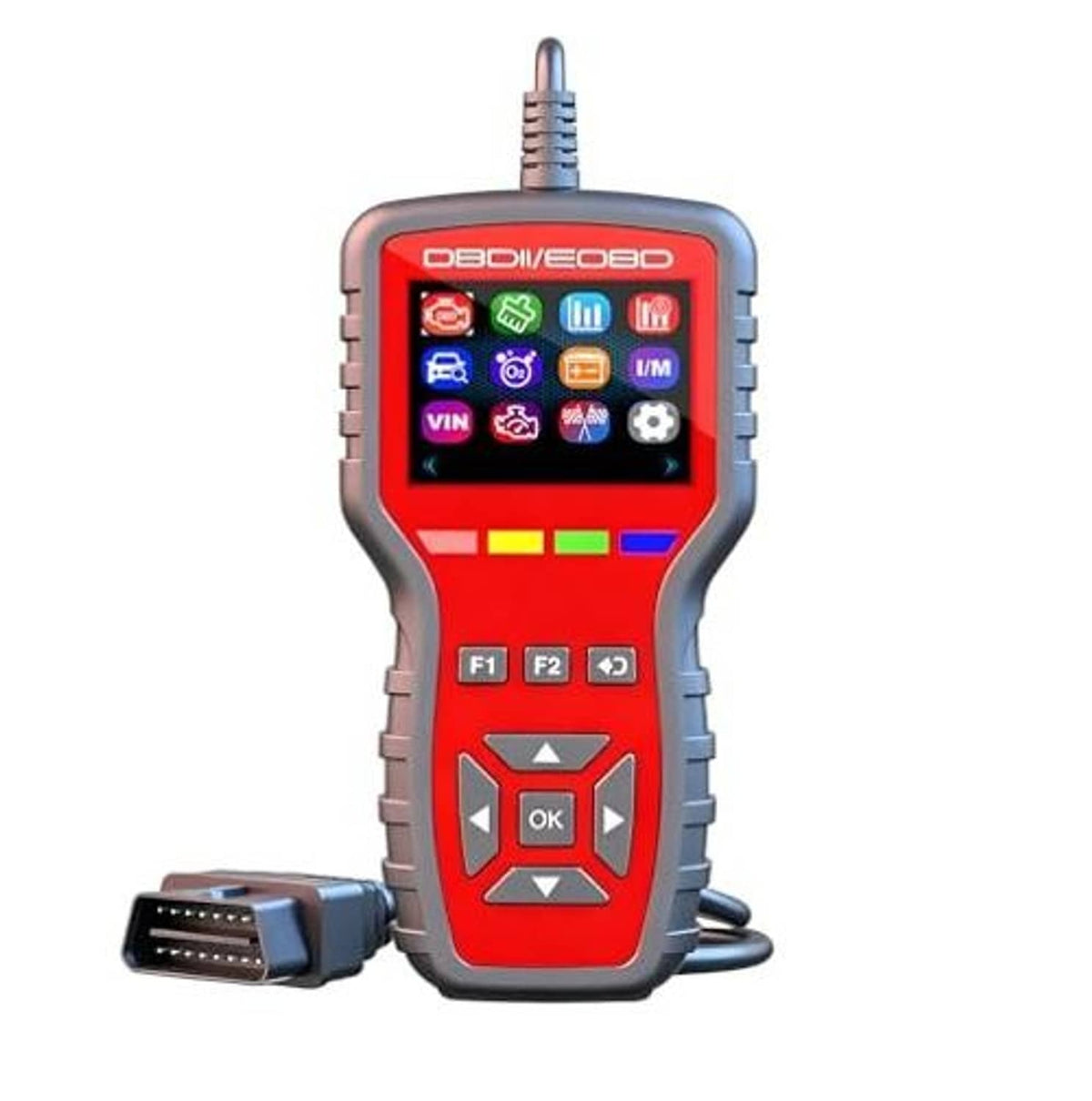 Handheld OBD2 scanner with connected OBD cable and red touchscreen with icon menu
