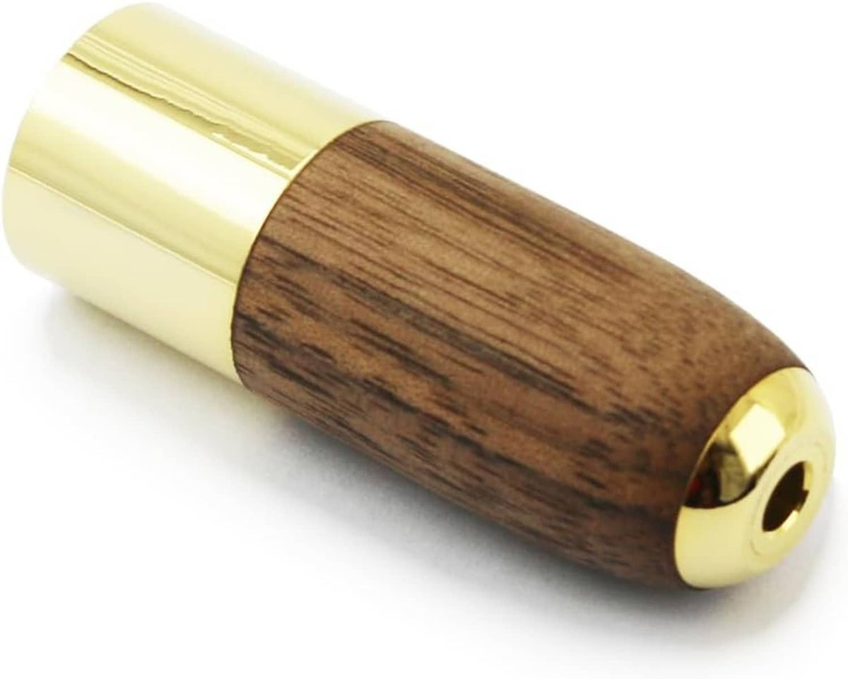 Walnut wood-shell connector with gold metal ring, end of the XLR-to-4.4mm adapter