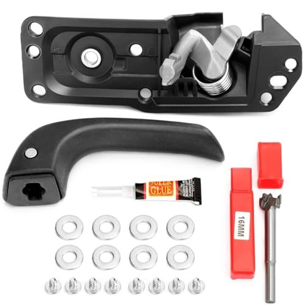 Driver-side interior door handle kit with bracket, spring, glue and mounting hardware