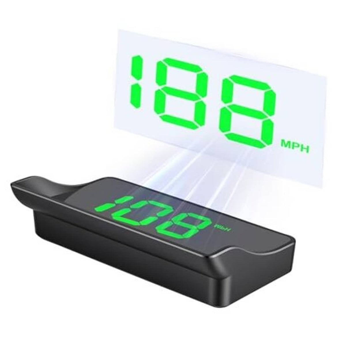 Black car HUD display showing green speed digits and “MPH” on the screen