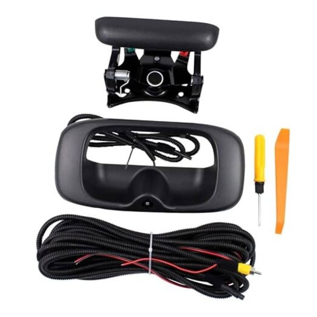 Black backup camera tailgate handle bezel kit with wiring harness and tools