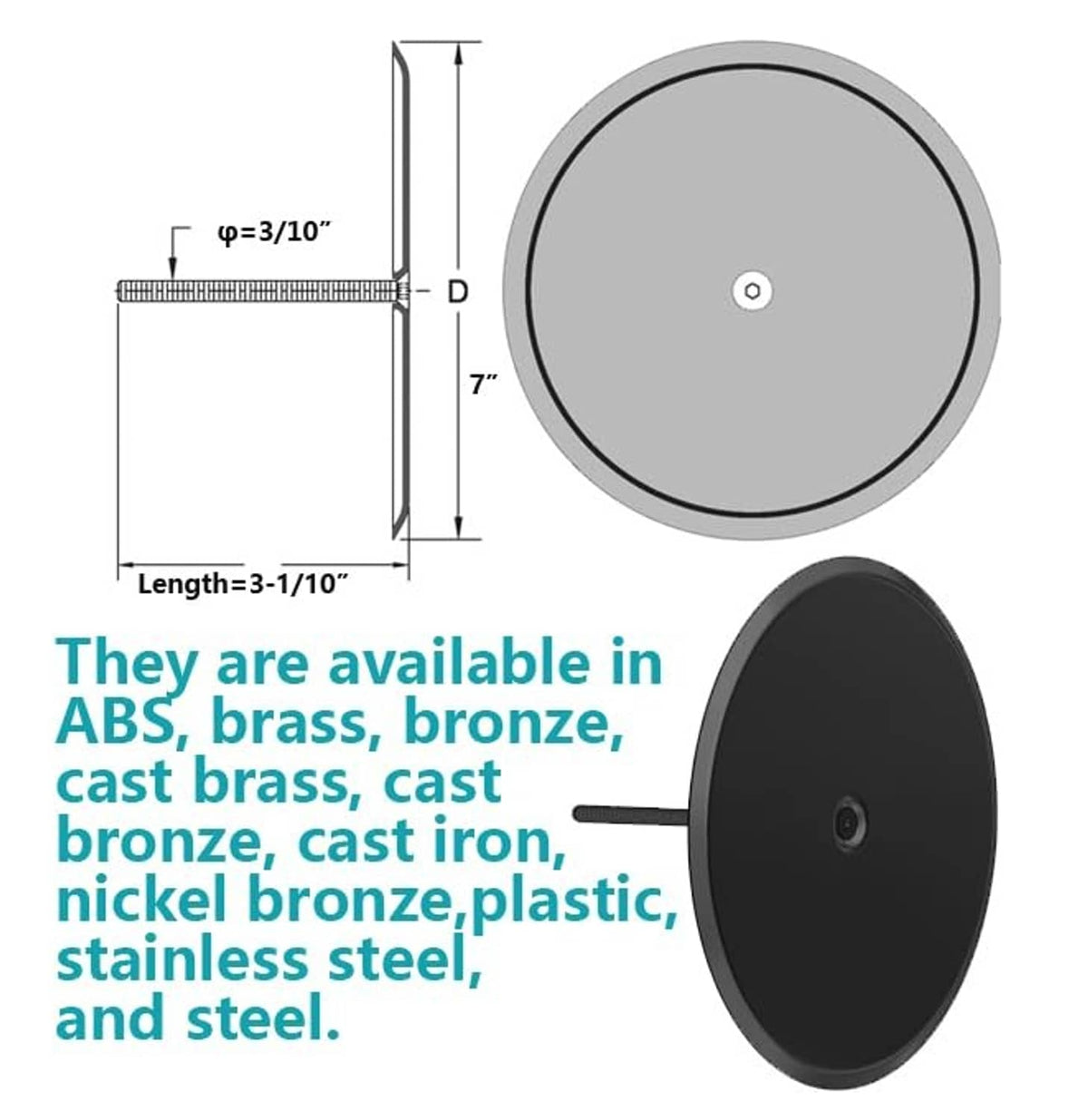 Black round cleanout cover plate with central opening and measurement diagram