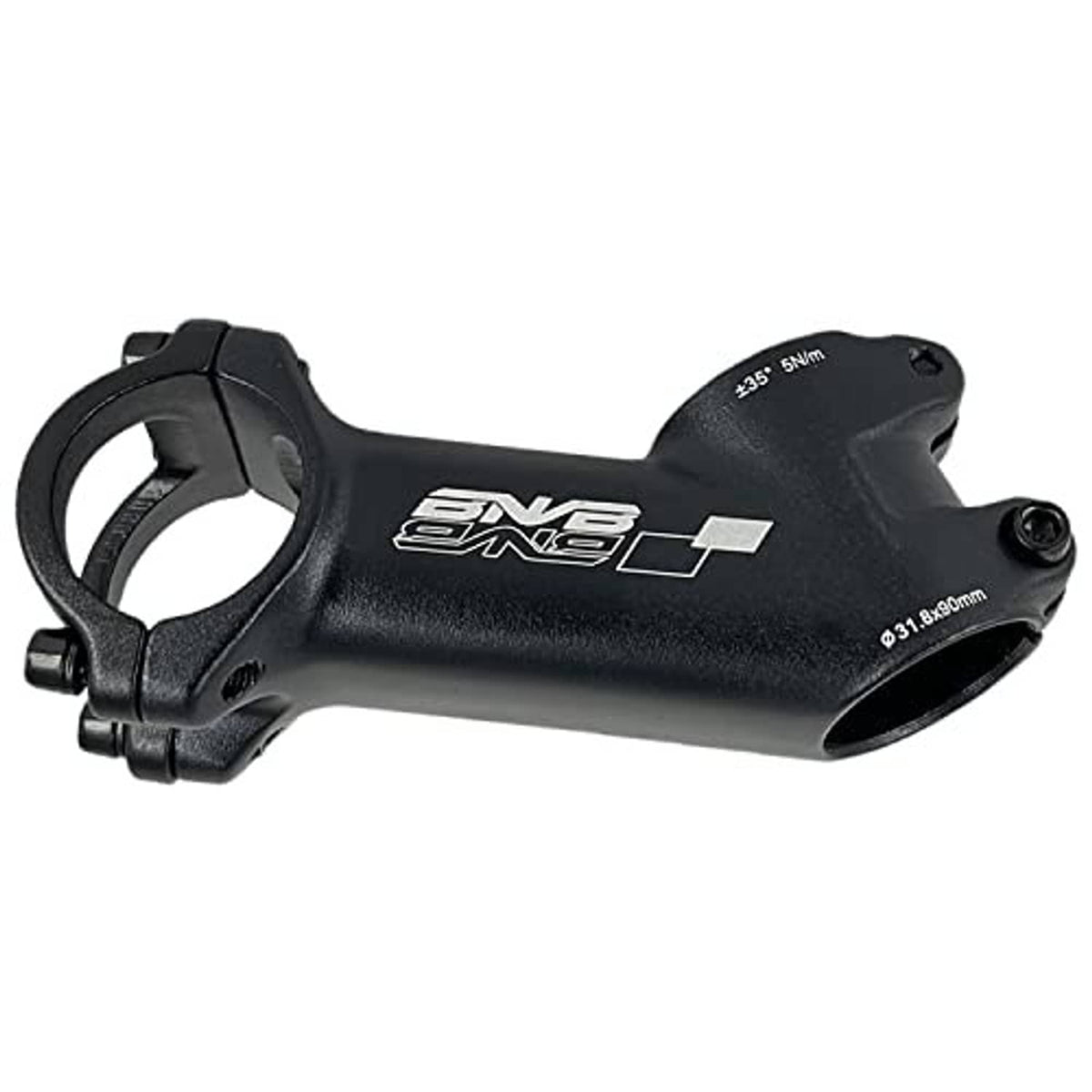 Black bike handlebar riser stem with handlebar clamp bolts and 35° marking