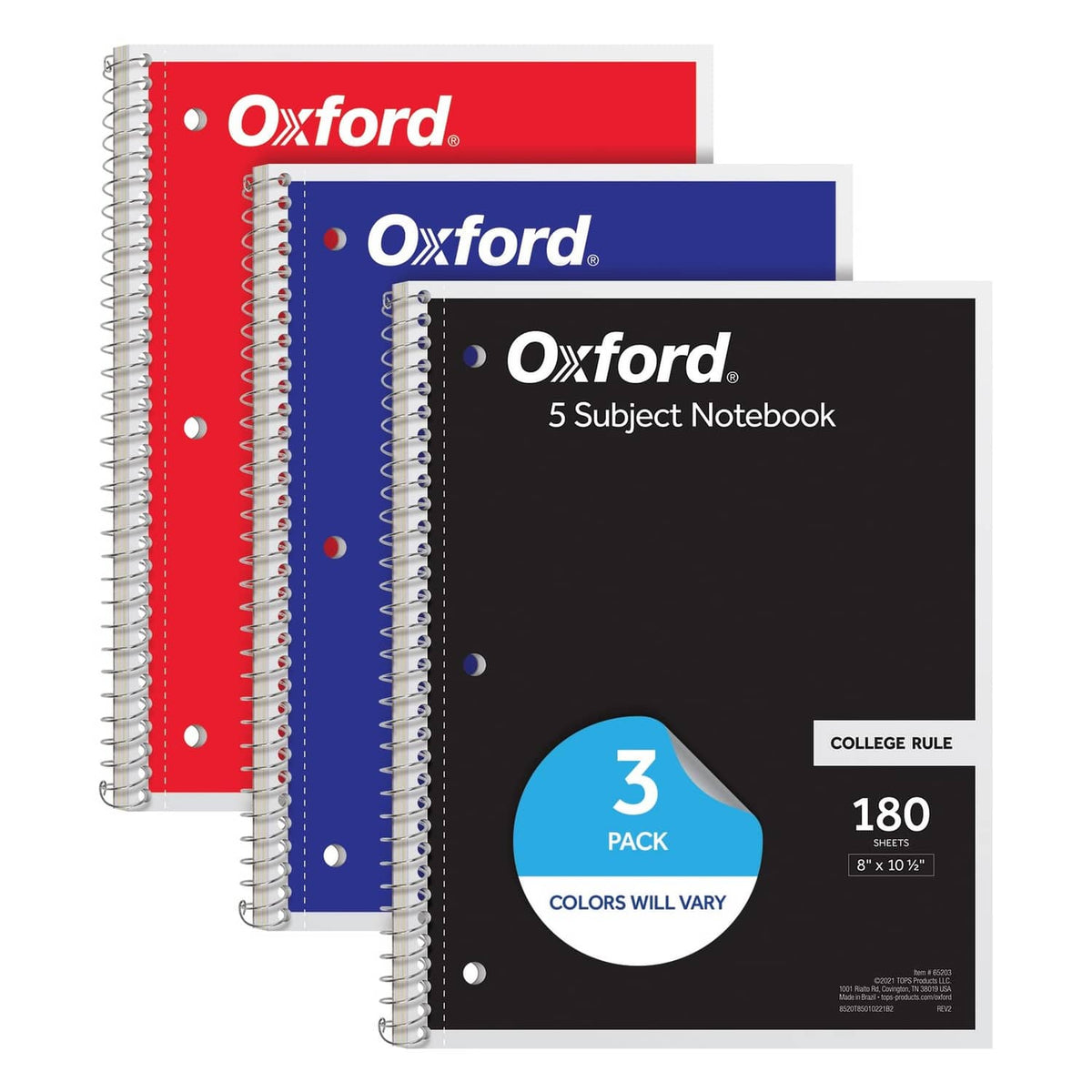 Oxford 3-pack 5-subject spiral notebooks with red, blue, and black covers