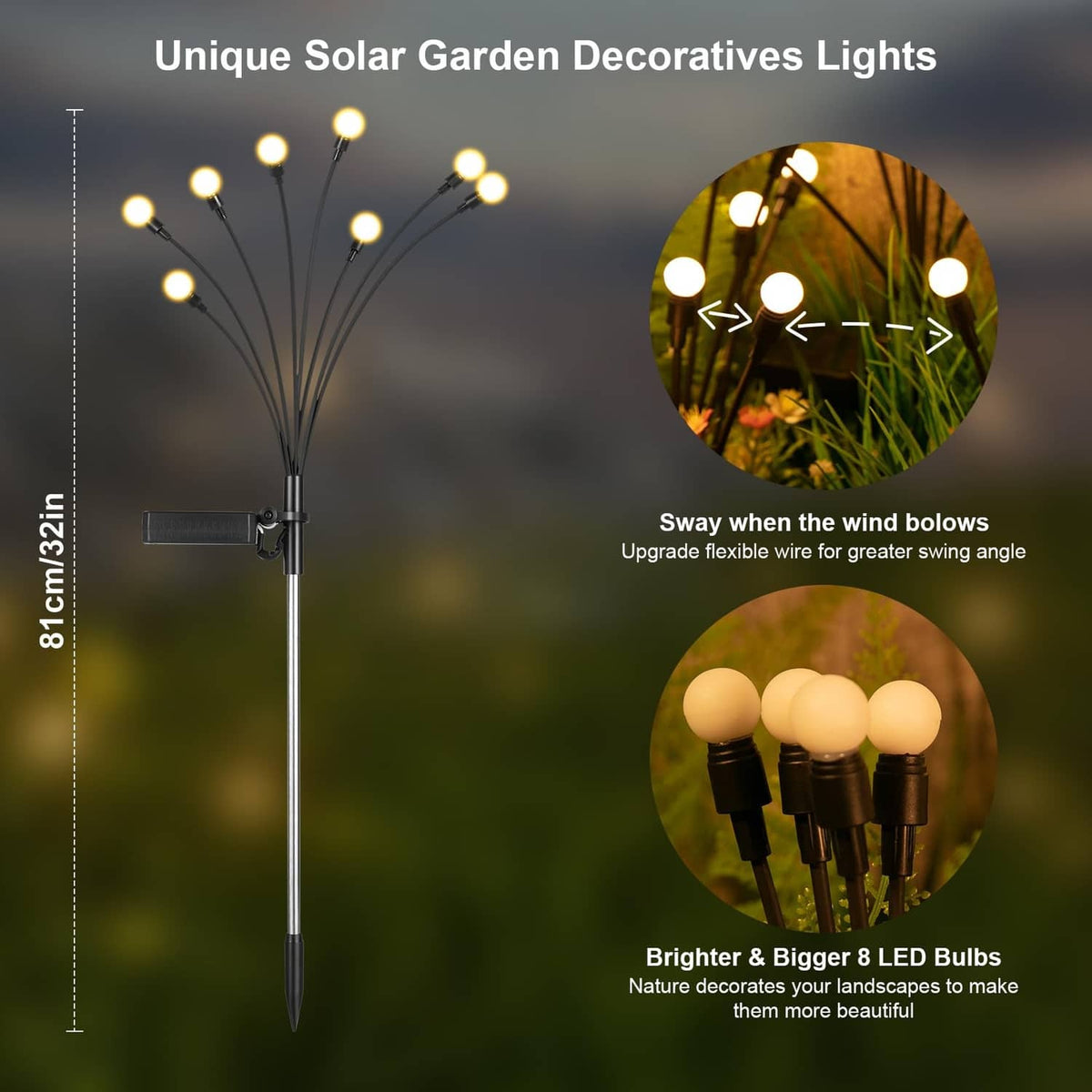 Solar garden decorative light with black base and warm white spherical bulbs on flexible stems