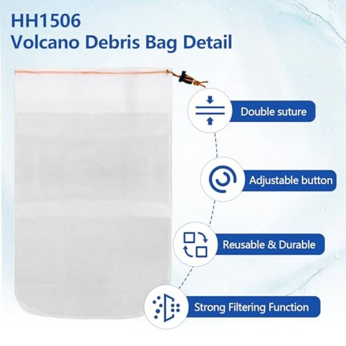 White reusable debris bag with orange drawstring and double-stitched seams