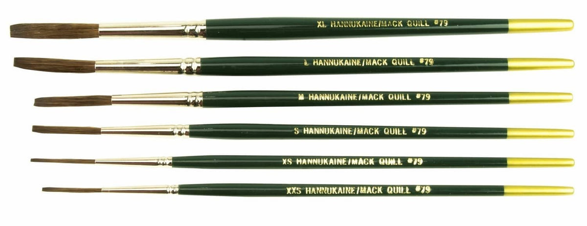 Quill brush set of six HANNUKAINE/black brushes, green handles with yellow tips