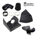 Black cold air intake kit components: intake tube, cone filter, clamps, mounting panels