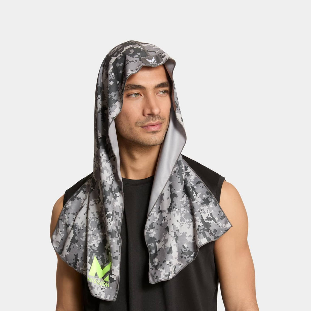Grey digi camo cooling hood towel worn like a hood, black underside visible