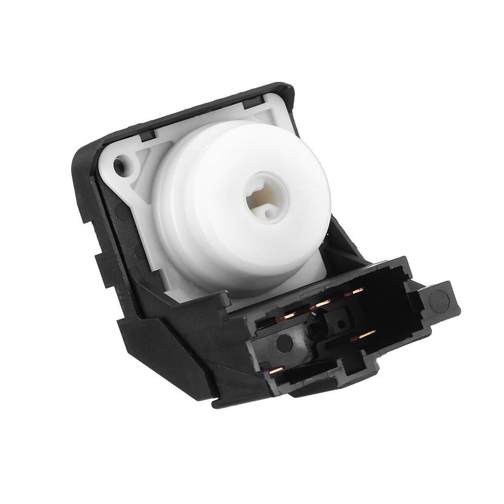 Ignition switch component with white actuator, black housing, and visible electrical terminals