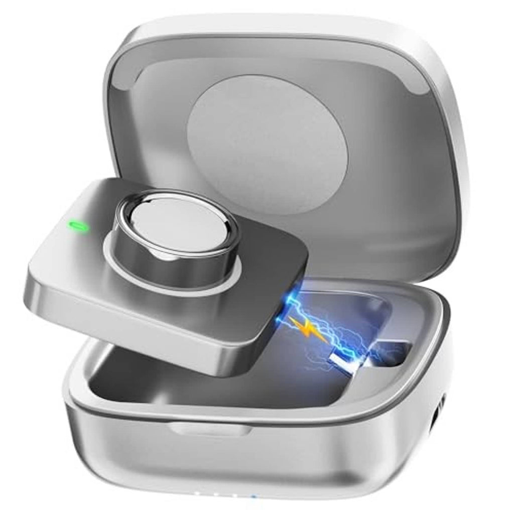Gray Oura Ring charging case with charging cradle and blue status light