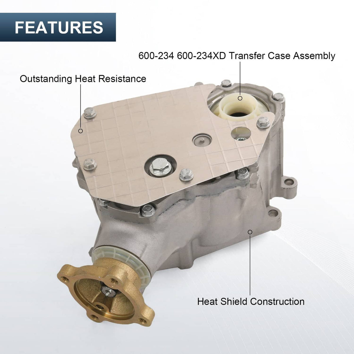 Transfer case PTO unit, angled view, beige heat shield cover and output flange