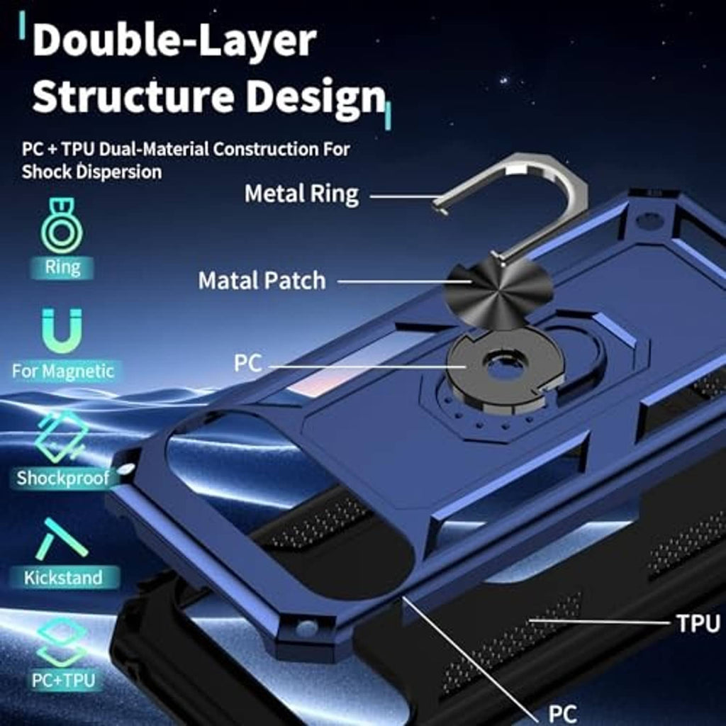 Blue dual-layer rugged phone case with metal ring, TPU bumper, and raised camera guard
