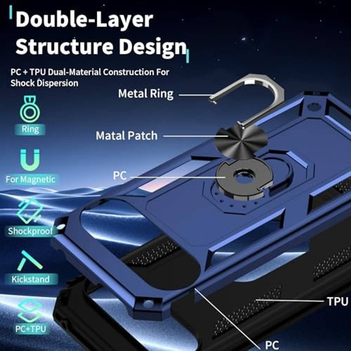 Blue dual-layer rugged phone case with metal ring, TPU bumper, and raised camera guard