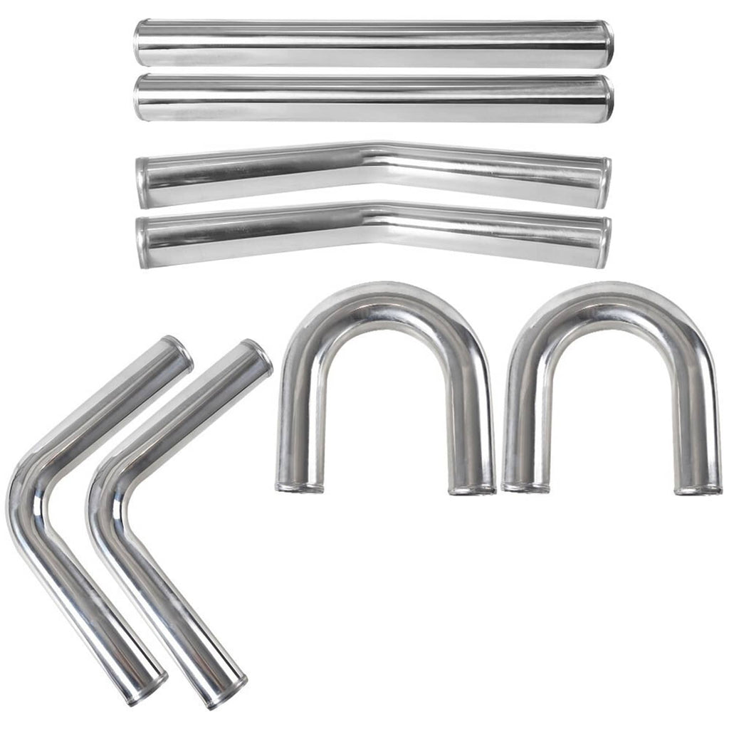 Silver aluminum intercooler elbow pipe kit, includes straight tubes and U-bend elbows