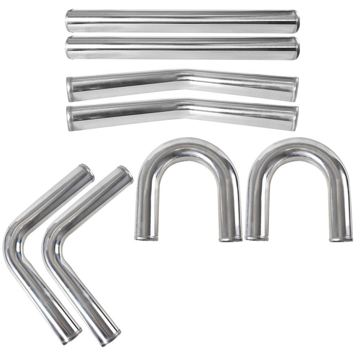 Silver aluminum intercooler elbow pipe kit, includes straight tubes and U-bend elbows