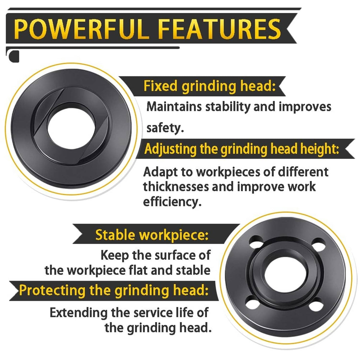Black nut flange grinding head spacer pair with central hole and bolt holes
