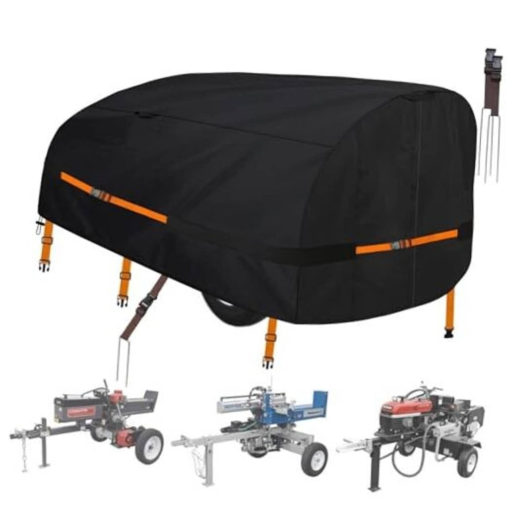 Black log splitter cover with orange straps and secure tie-down loops