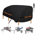 Black log splitter cover with orange straps and secure tie-down loops