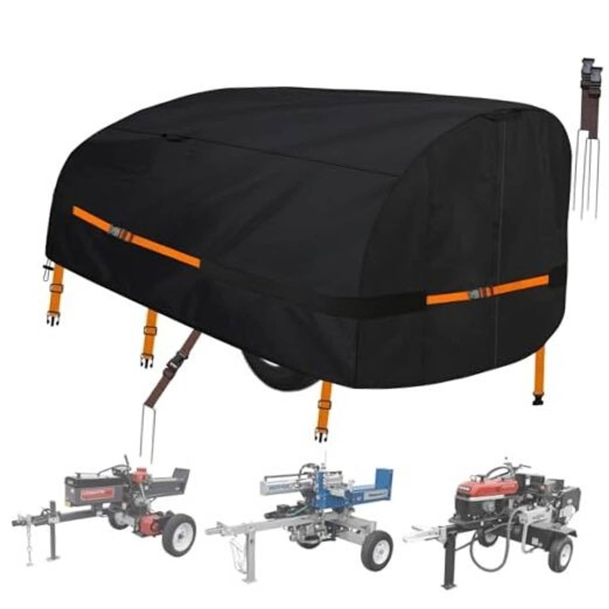 Black log splitter cover with orange straps and secure tie-down loops