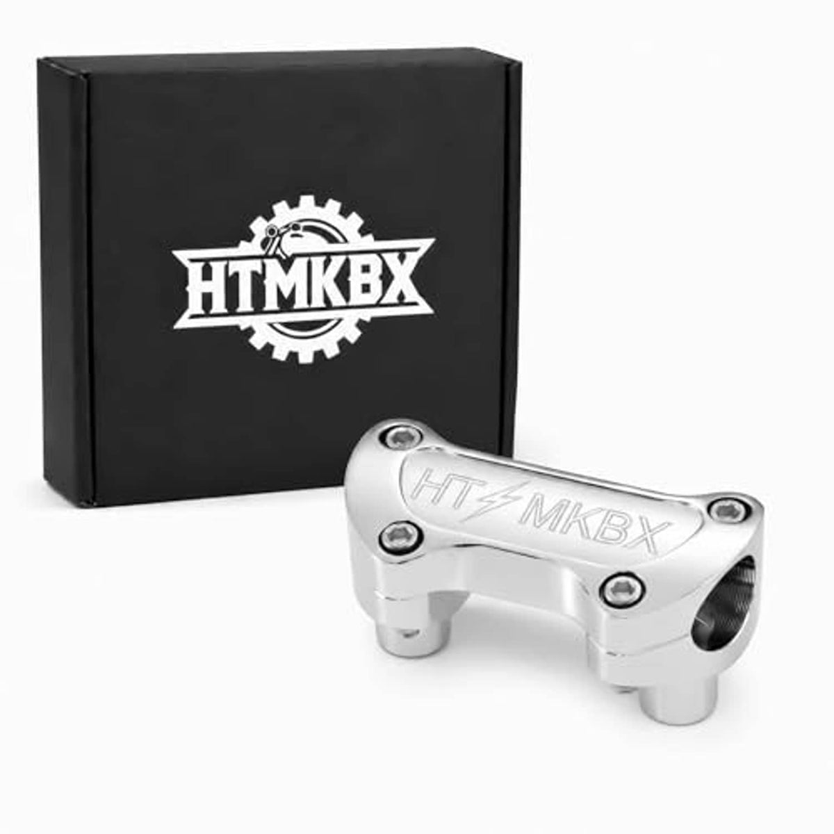 Silver chrome handlebar riser clamp with 1.25 inch handlebar mounting band and screws