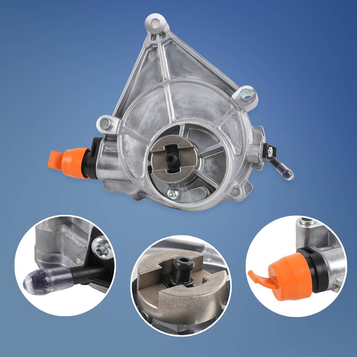 Silver vacuum pump with orange inlet cap and central black valve housing