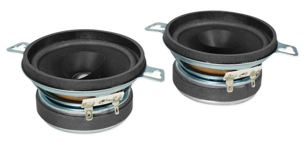 3.5-inch round car speaker system, black speaker with visible back frame and clips