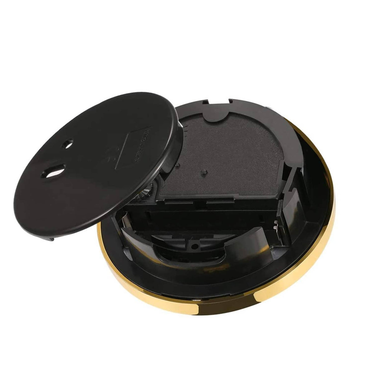 Open round clock insert showing black backplate and exposed internal mechanism with gold rim