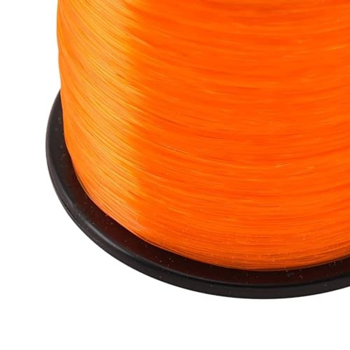 Blaze orange monofilament fishing line close-up wound on dark spool