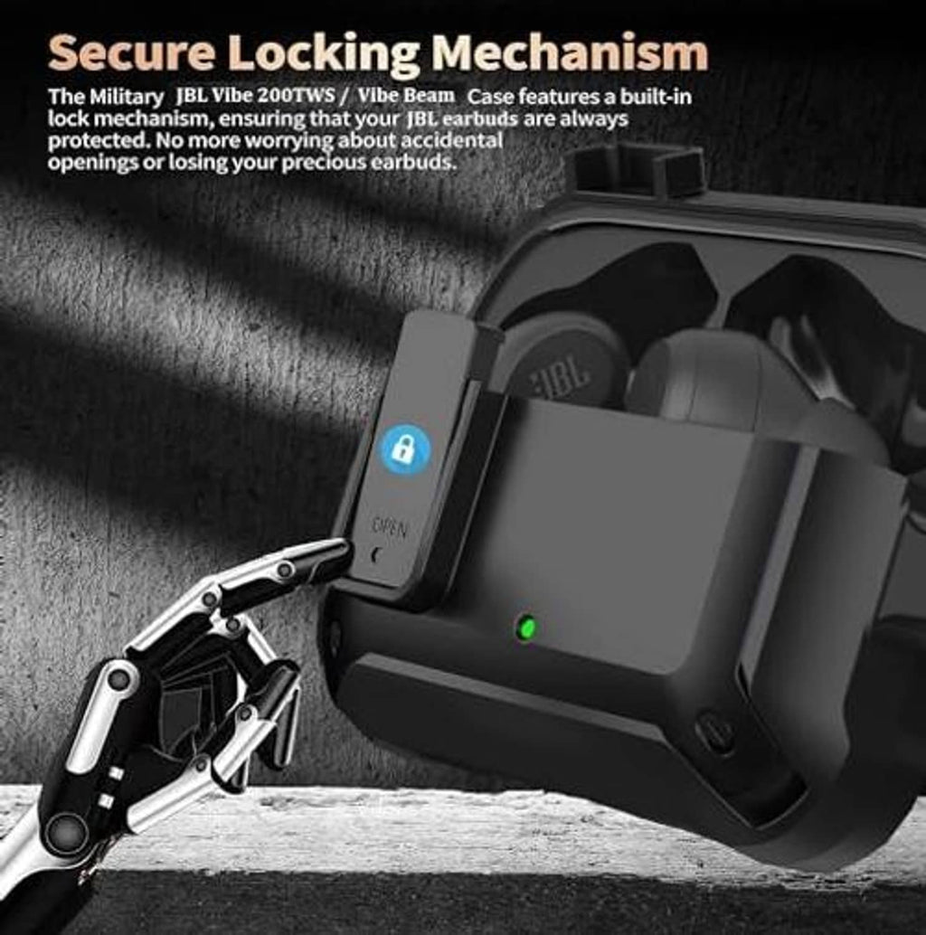 Black earbud case lock mechanism with carabiner ring and cleaning tool detail