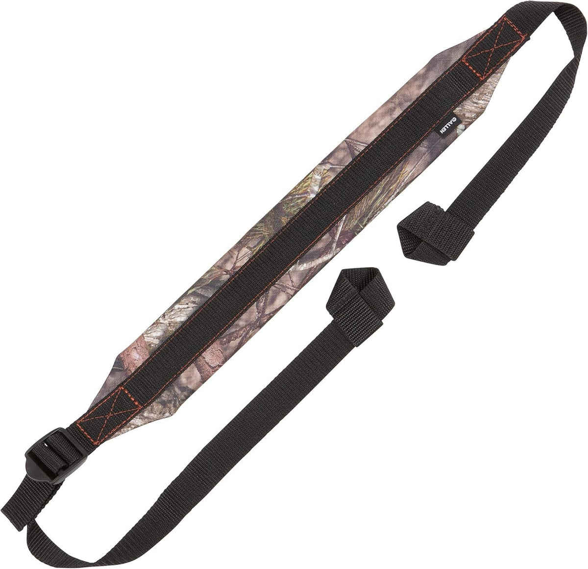 Padded gun sling strap featuring camouflage-patterned padding and black adjustable webbing loops