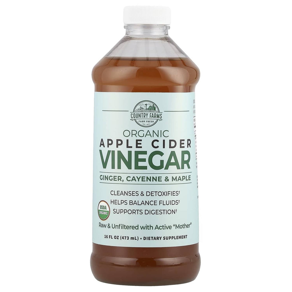 Organic apple cider vinegar tonic bottle with amber liquid and front label details