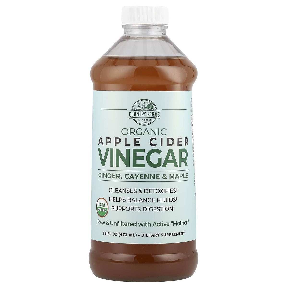 Organic apple cider vinegar tonic bottle with amber liquid and front label details
