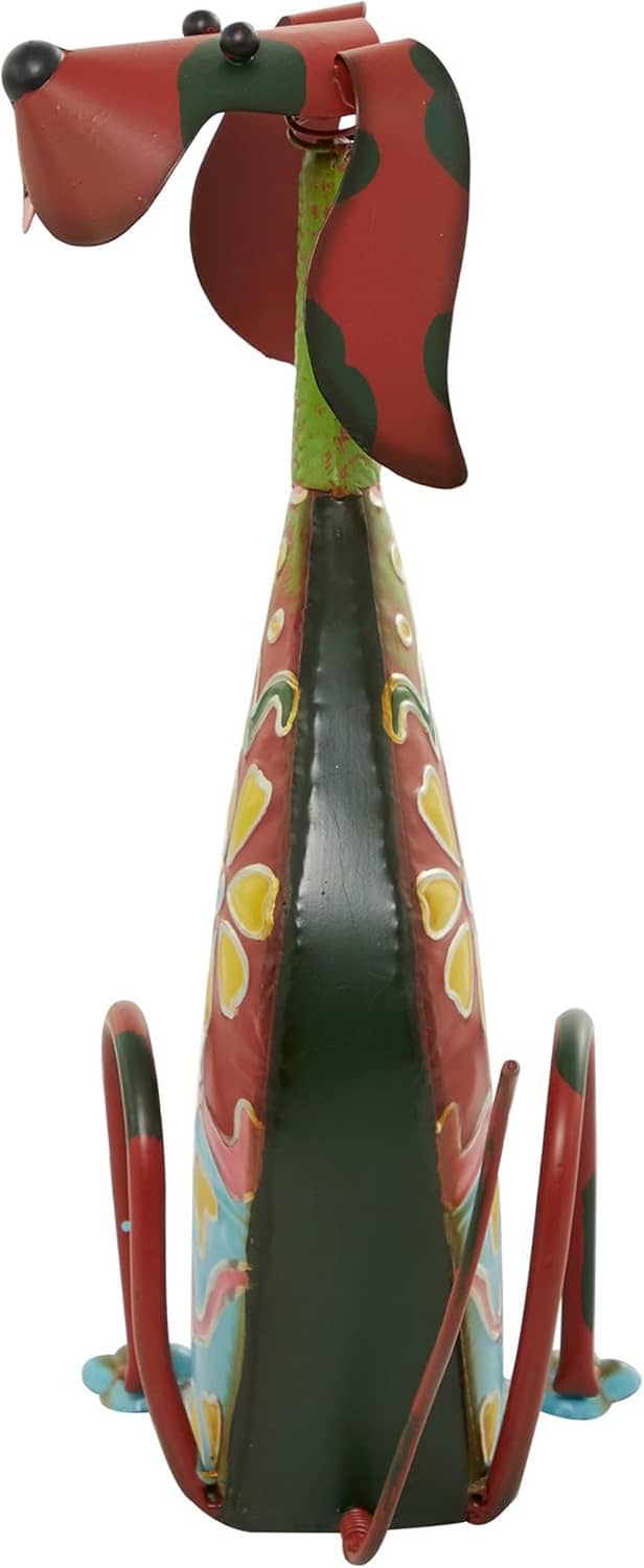 Decorative metal dog garden sculpture with red and green painted panels and long curved ears