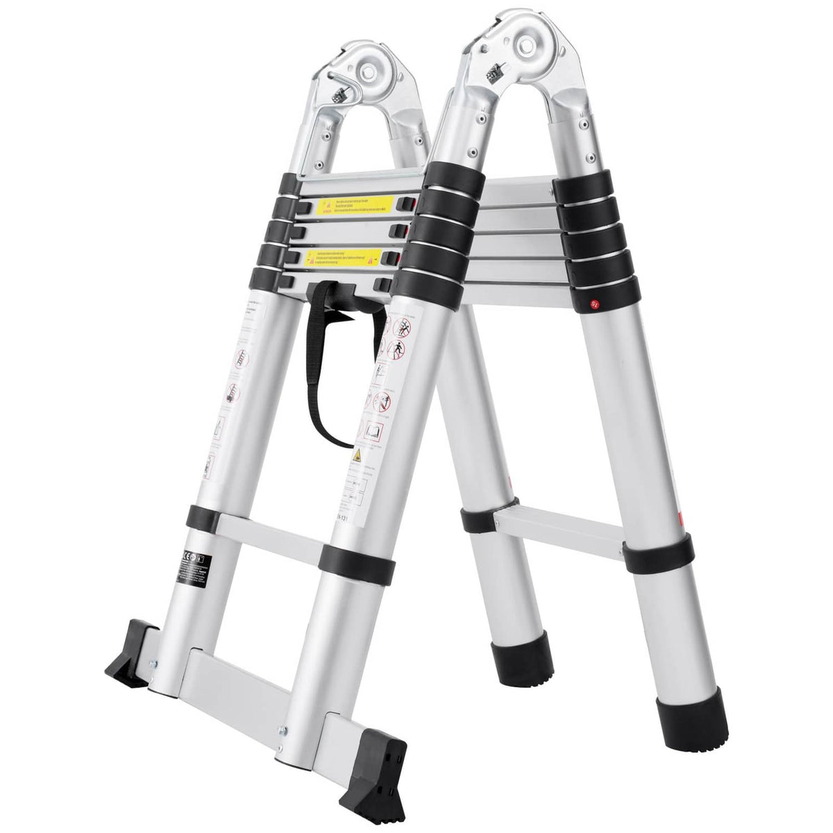 Aluminum A-frame ladder top with hinge locks, stabilizer bar, and black grips