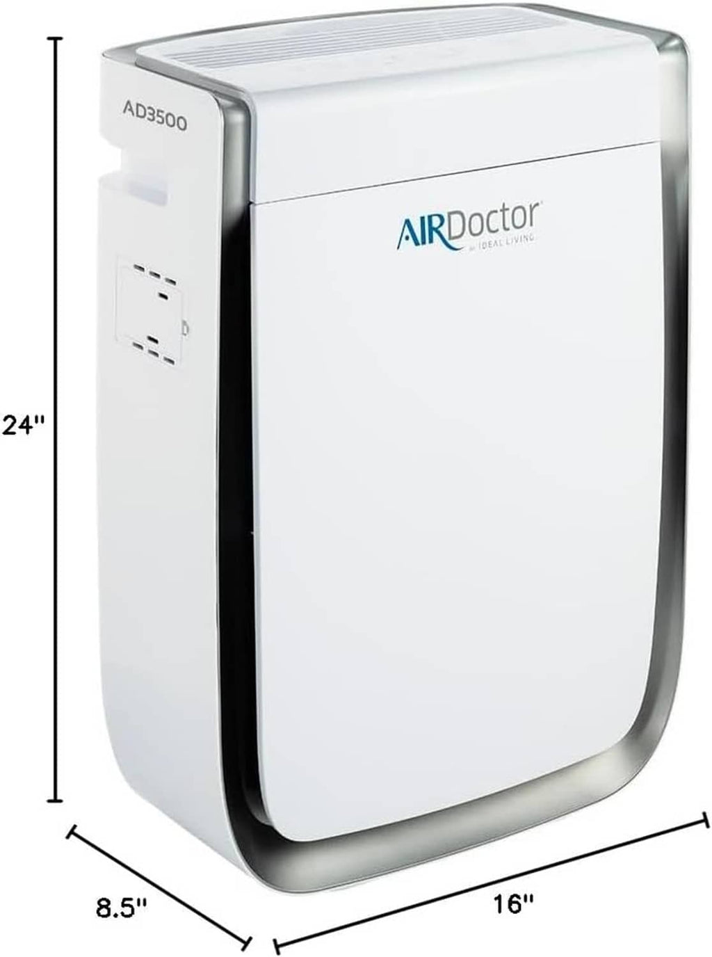 AirDoctor AD3500 white air purifier front view with blue logo and side vents