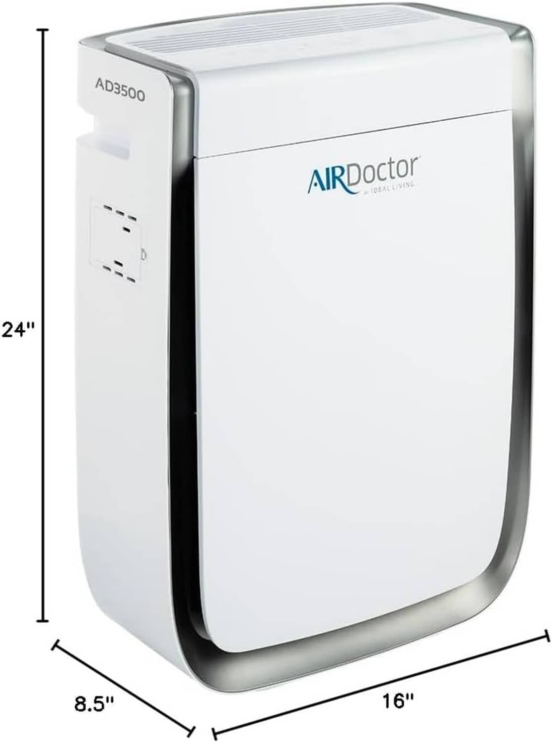 AirDoctor AD3500 white air purifier front view with blue logo and side vents
