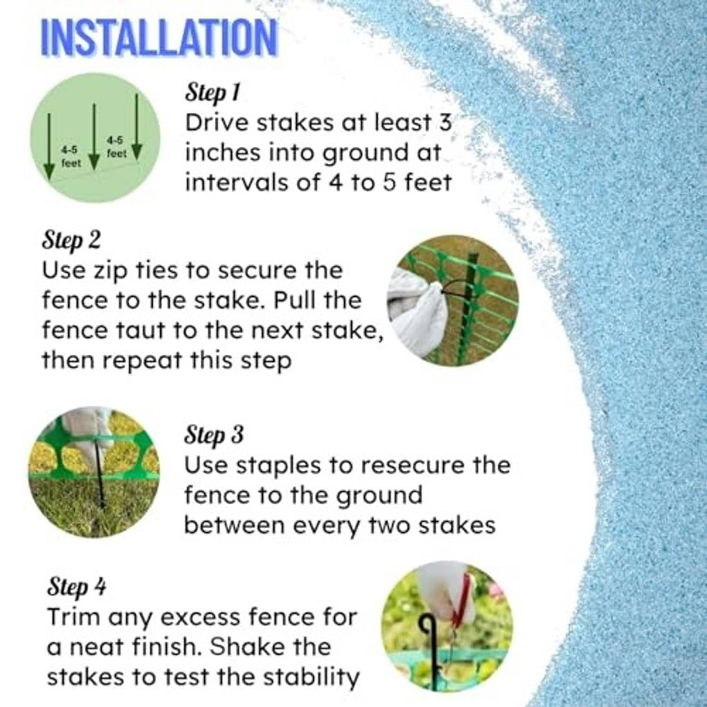 Illustrated installation steps for green plastic fence: stakes, zip ties, and ground staples.