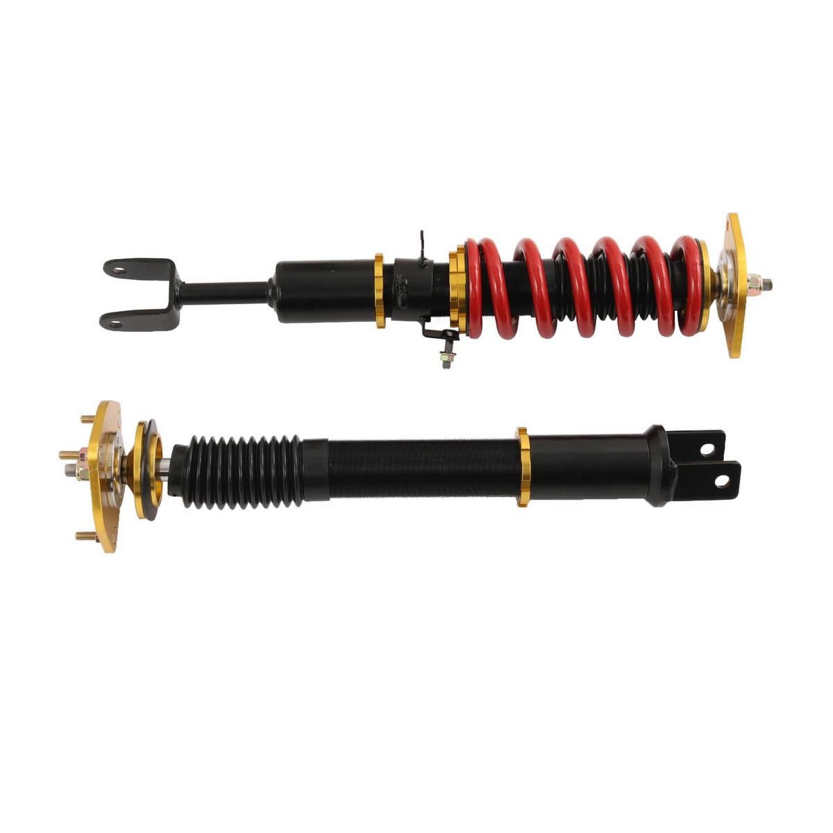 Two coilovers with red springs and black threaded bodies, gold adjustment rings, bracket ends