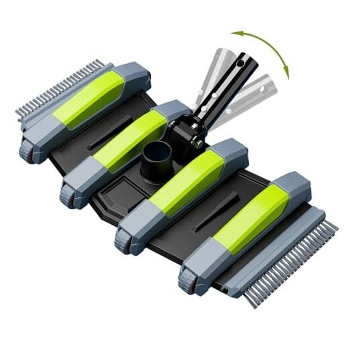 Pool vacuum head with wheels, black base and lime-green brush bars, aluminum handle.