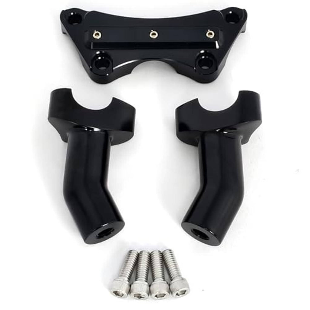 Black handlebar riser pullback set with top plate, two clamp arms, and screws
