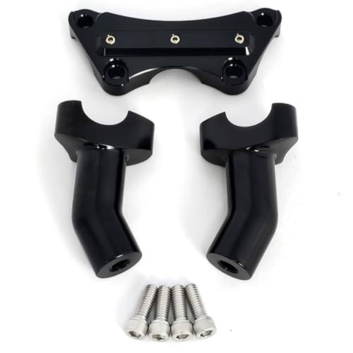 Black handlebar riser pullback set with top plate, two clamp arms, and screws