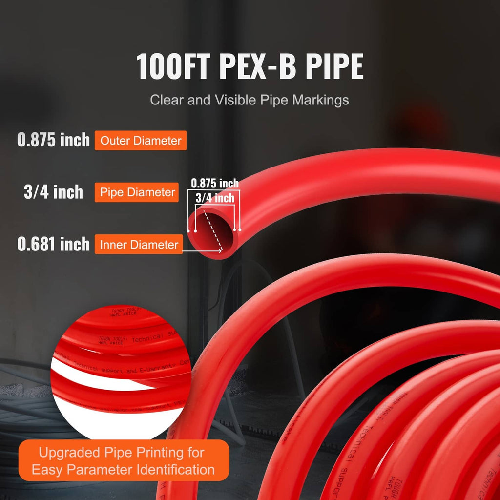 Red 3/4 in PEX-B pipe with visible markings and cutaway end detail