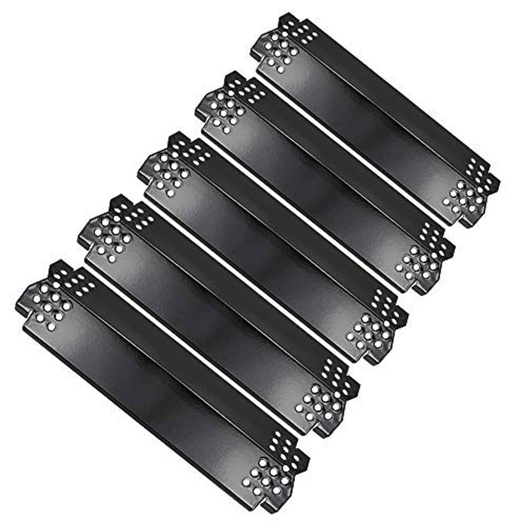 Set of five black grill heat plates with raised channels and vent holes on end brackets